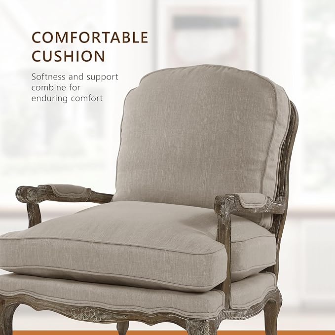 Lexicon Parlier Show Wood Accent Chair - Mid Century Modern Chair for Living Room Traditional French Country Style Padded Arms Reversible Cushion Solid Wood Frame Arrives Assembled Neutral