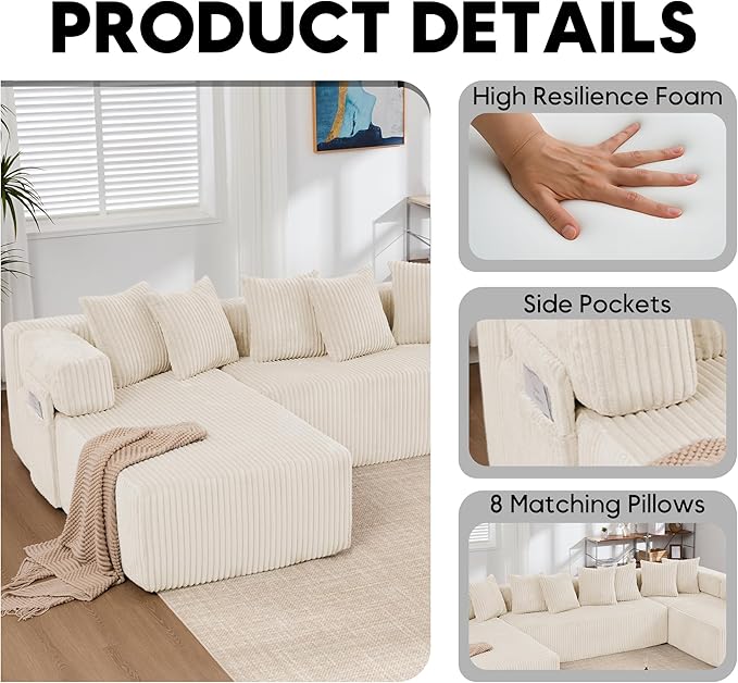 Oversized Cloud Boneless Couch 146 Modular Sectional Sofa with Deep Seat Chaise Fluffy U Shaped Couches for Living Room Comfy Plush Corduroy Sofa with 8 Pillows No Assembly Beige White