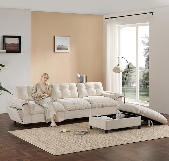 Ball &amp Cast Modular L Shaped Sectional Sofa with Movable Storage Ottoman and Dual-Port Charging4 Seater Comfy Cloud Couch W/Side Storage Pockets &amp Cup Holderfor Living RoomApartmentBeige1