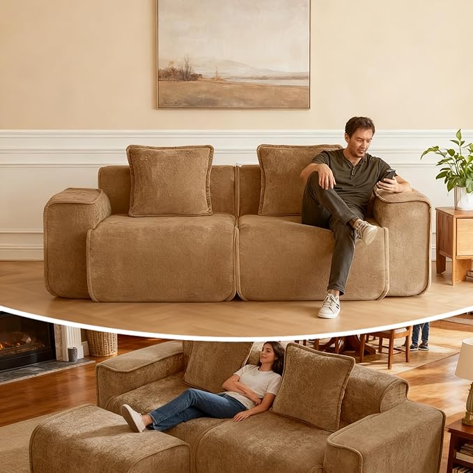 Casaphoria Velvet Modular Sofa 78.74 Inch Brown 2-Seater Couch with 2 Removable Pillows No Assembly Required Ideal for Apartments &amp Small Living Rooms