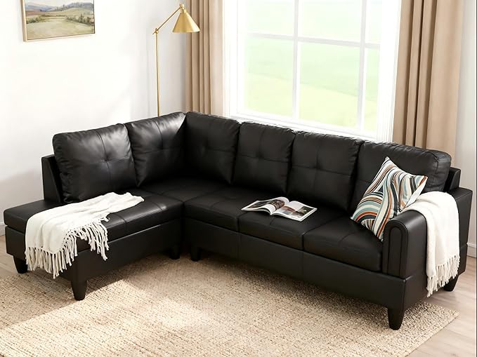 L Shaped Couch Sectional Couches with Chaise 3 Pieces Modular Convertible Sofa for Living Room Furniture Sets and Small Apartment Faux Leather Black