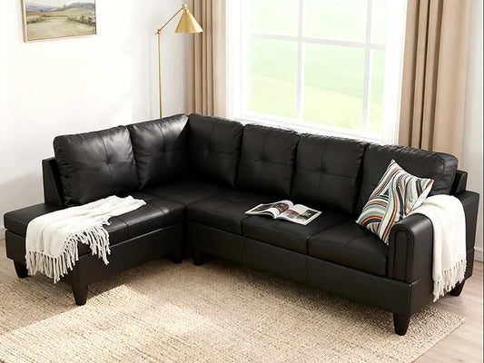 L Shaped Couch Sectional Couches with Chaise 3 Pieces Modular Convertible Sofa for Living Room Furniture Sets and Small Apartment Faux Leather Black