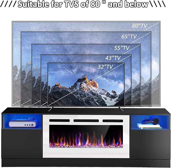 AHB Fireplace TV Stand LED Light Entertainment Center with 36 Electric Fireplace and Storage Cabinet Media Console Table for TVs Up to 80 Inches Ideal for Living Room 70 Inches (Black &amp White)