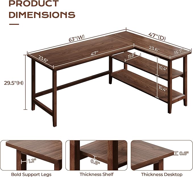 IOTXY Reversible L-Shaped Office Desk - 63 Extra Large Corner Computer Table with Storage Shelves Solid Wood Legs Home Writing &amp Study Workstation Walnut