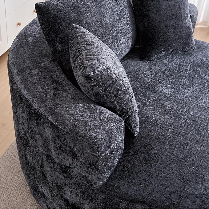 54.5 Black Oversized Swivel Barrel Chair - Chenille Comfy Modern Sofa Chair Fluffy Upholstered Round Accent Chair Cloud Lounge Armchair with 3 Pillows for Living Room Apartment