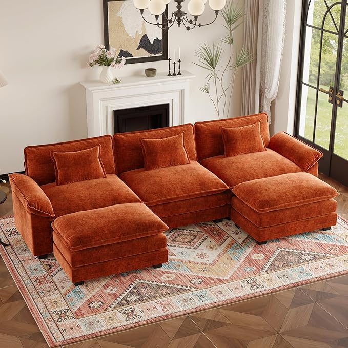 HUSFU 120 Cloud Couch Modular Sectional Sofa with Ottoman 3-Seat Modern Chenille Upholstered U-Shaped Deep Seat Sofa Couch for Living Room Bedroom and Apartment Orange