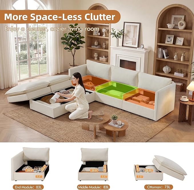 WorthFurni Modular Sectional Sofa with Storage Ottomans102 U-Shaped Cloud CouchComfy Modern Couches with Pillows &amp Upholstered Deep Seat Cushion for Apartment Living Room Bedroom（Beige）