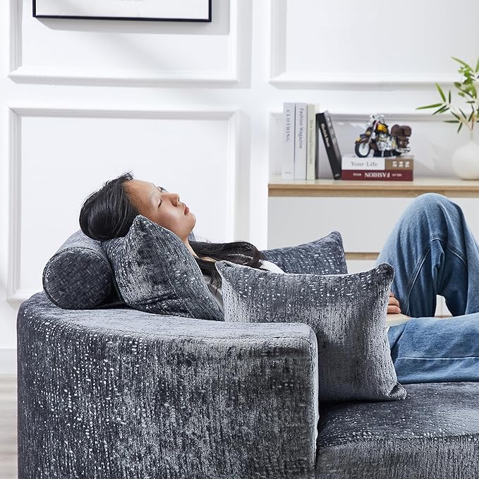 Oversized Round Chaise Lounge Chair Indoor 55W Circle Comfy Armchair with Deep Seat Floor Cloud Boneless Chair Upholstered Modern Cozy Sofa Chairs for Living Room Bedroom(Chenille Grey)