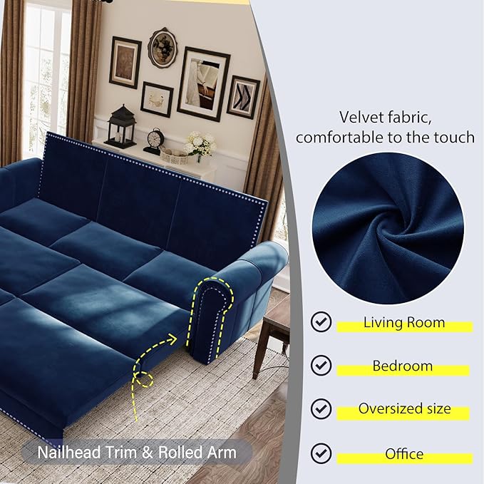 93.7 King Pull Out Sofa Bed Velvet Sleeper Sofa Couch 3 in 1 Convertible Futon Couches for Living Room Small Space Apartment Office Bedroom Modern Rivet Armrest Blue