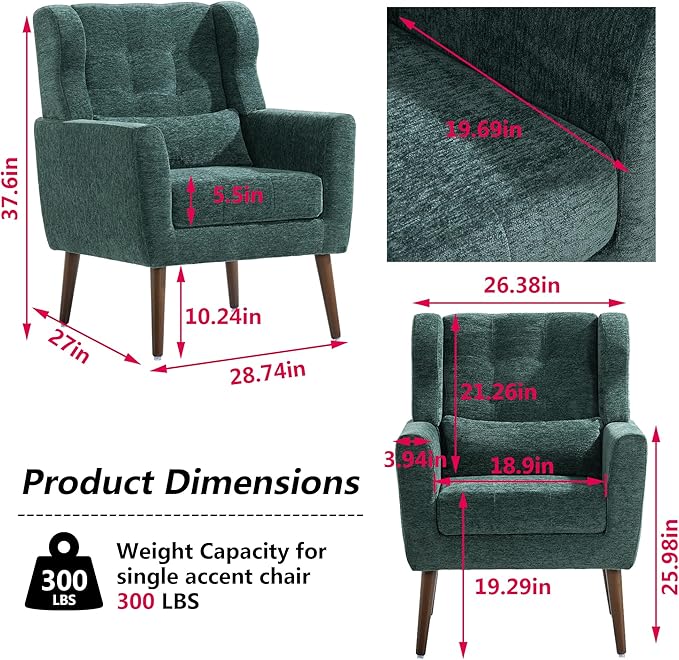 Modern Accent Chair Chenille Fabric Upholstered Tufted Side Chair Wingback ChairMid Century Reading Armchair with Waist Pillow Backrest for Living Room Bedroom (Blackish Green)