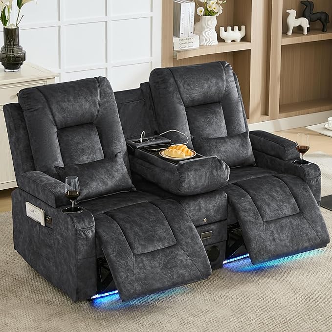 URRED Power Loveseat Recliner Sofa with Flipped Backrest Console Wall Hugger RV Reclining Loveseat Sofa Couch with LED Light/Bluetooth Speakers/USB/Outlets/Cup Holders/Pillow/Side Pocket Grey
