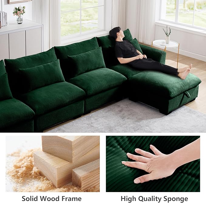 Oversized Modular Sectional Sofa 122 Inch Corduroy Deep Seat Upholstered Sofa 3 Seater Comfy Cloud Couch with Waist Pillow for Living Apartment Green