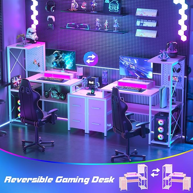 Small Gaming Desk with 2 Fabric Drawers - Reversible Computer Desk with Power Outlet &amp LED Lights 49 Office Desk with Monitor Stand &amp Storage Shelves Writing Study Table with Pegboard Pink