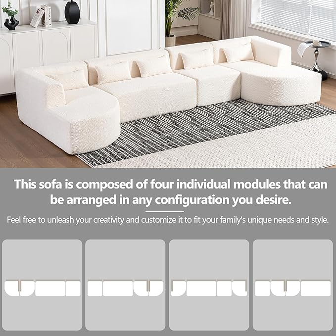 144 Upholstered Sofa Free-Combined Sofa Couch with Two Chaise Lounge and Five Back Pillows for Living Room (Beige@50)
