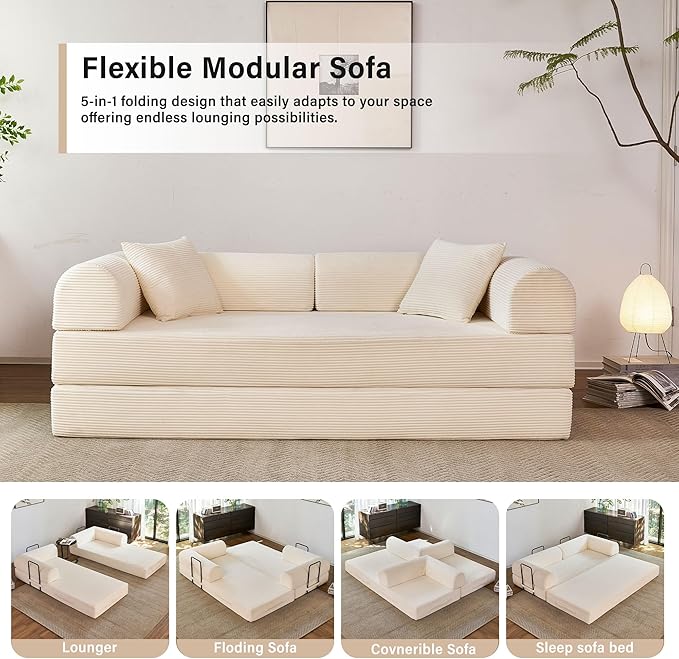79 5-in-1 Folding Convertible Sofa Bed Oversized Corduroy Futon Floor Couch with Pull-Out Sleeper Modular Boneless Loveseat for Small Spaces Living Room Bedroom (White1)