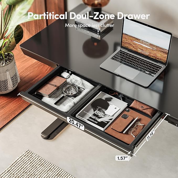 CubiCubi 48 × 24 Electric Standing Desk with Drawers Whole-Piece Glass Adjustable Height Desk One-Piece Quick Install Adjustable Sit Stand Desk Black