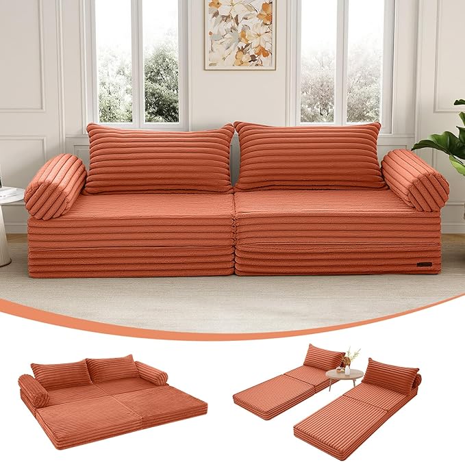 MeMoreCool Convertible Sofa Bed Folding Floor Couch Bed Queen Pull Out Sleeper Couch with Pillows Fold Out Futon Sofa for Bedroom Living Room Small Space Corduroy Orange