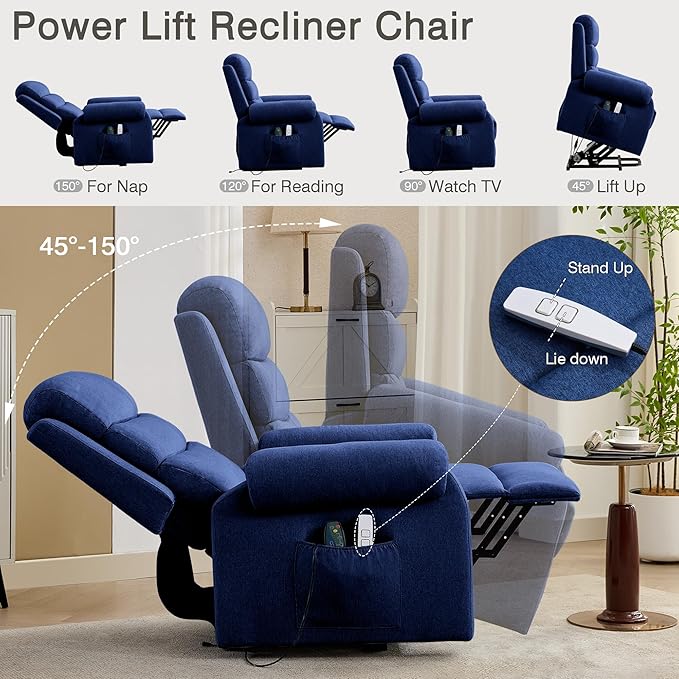 Power Lift Recliner Chair Recliners for Elderly with Heat and Massage Recliner Chair for Living Room with Infinite Position and Side Pocket USB Charge Port (Dark Blue)