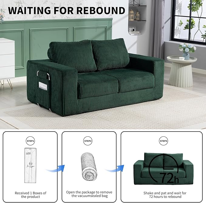 J.C.UP 69'' Convertible Sofa Bed Pull Out Loveseat Sleeper Sofa 2 Seater Boneless Folding Sofa Bed Floor Couch with Deep Seat Chaise Lounge for Living Room Bedroom No Assembly Required Green