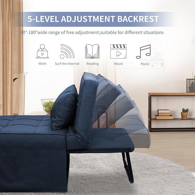 Ainfox Convertible Sofa Bed4-in-1 Multi-Functional Futon Chair Bed Folding &amp No Installation Sofa Couch with Adjustable Backrest Recliner for Living Room Small Spaces and Office(Dark Blue)