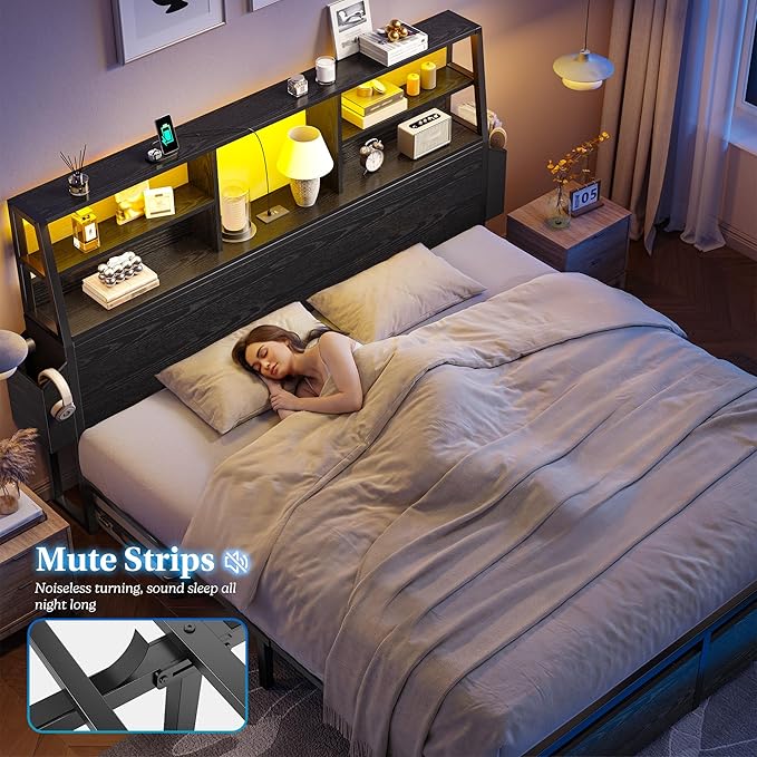 Full Size Bed Frame with Storage Full Bed Frame with LED Light and Charging StationBed Frame Full with Headboard for ApartmentGuest RoomBlack