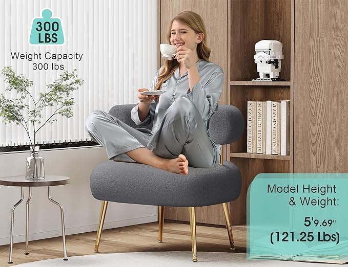 Mid Century Sherpa Boucle Accent Chair Round Upholstered Barrel Arm Chair for Small Spaces Fluffy Side Corner Sofa Chair for Living Room Bedroom Vanity Office Reading Nook(Grey)