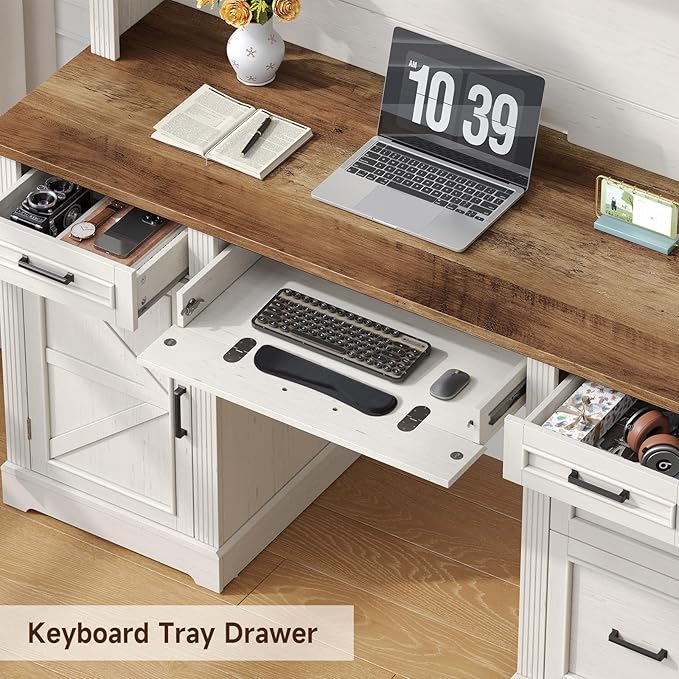 ONBRILL 72 H Farmhouse Executive Desk with Hutch Office Desk Computer Desks with Charging Station Computer Workstations with 5 Drawers and Storage Cabinet for Home Office Off White &amp Walnut