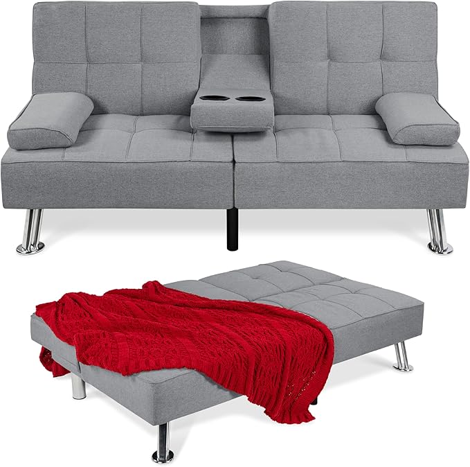 Best Choice Products Linen Modern Folding Futon Reclining Sofa Bed for Apartment Dorm w/Removable Armrests 2 Cupholders - Gray