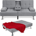 Best Choice Products Linen Modern Folding Futon Reclining Sofa Bed for Apartment Dorm w/Removable Armrests 2 Cupholders - Gray