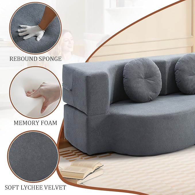 Convertible Folding Sofa Bed 75.5 Boneless Cloud Couch Loveseat Floor &amp Futon Lounge Sleeper Couches Lychee Velvet for Living Room Office Small Spaces No Assembly Required Grey