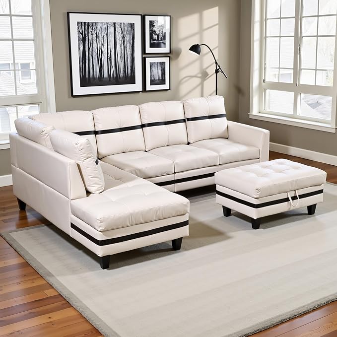 L Shaped Couch PU Leather Sectional Couches for Living Room 3 Pieces Modular Sectional Sofa with Chaise Ottoman with Storage for Living Room and Small Apartment White and Black