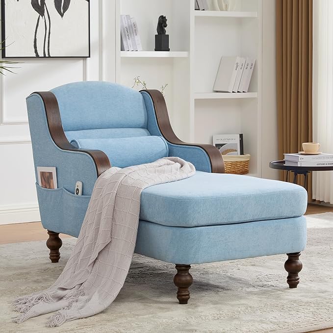 Upholstered Oversized Chaise Lounge Chair Solid Wood Frame Comfy Arm Chair with Thick Double-Layer Cushion Curved Armrests Modern Overstuffed Sleeper Recliner for Bedroom Living Room (Light Blue)