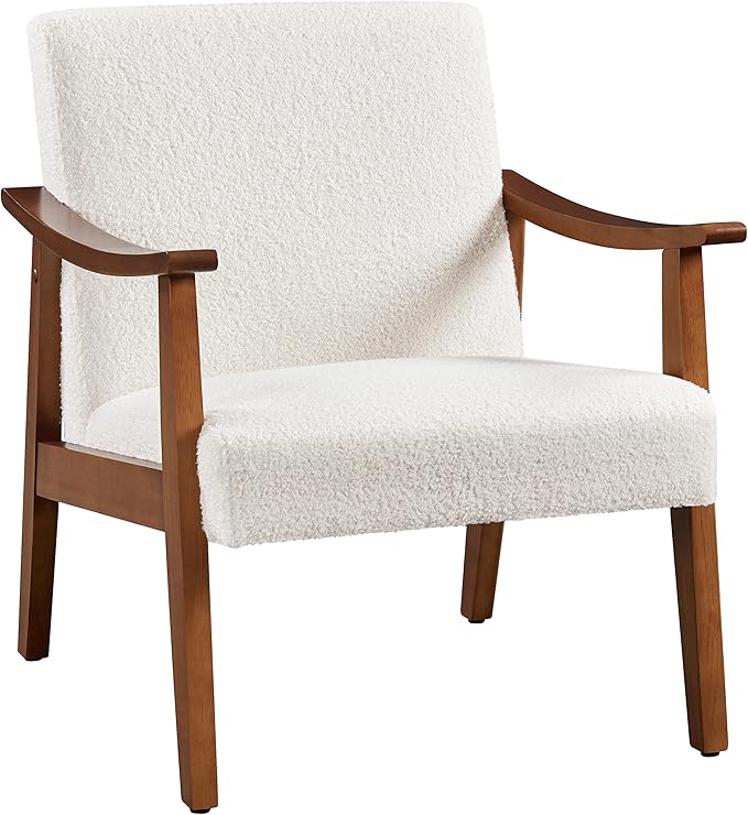 Yaheetech Fabric Accent Chair Mid-Century Modern Armchair with Solid Wood Legs Reading Leisure Chair with High Back for Living Room Bedroom Waiting RoomIvory