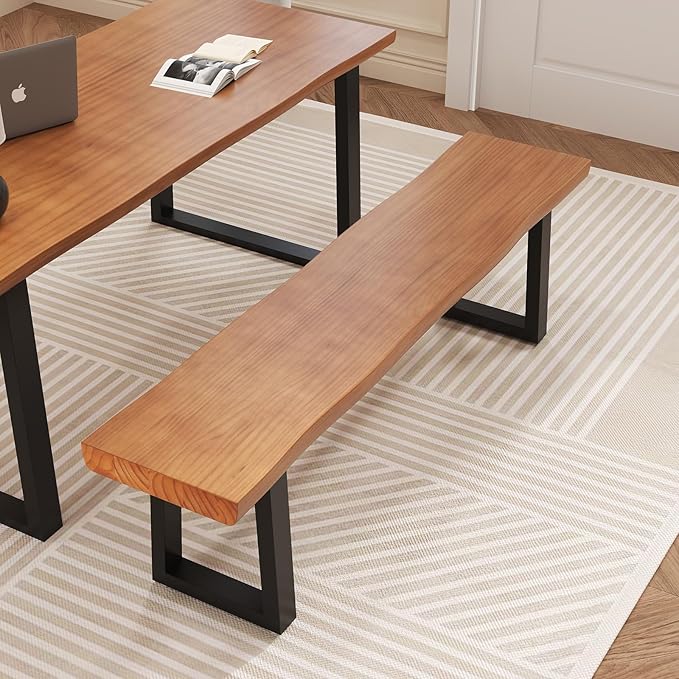 Solid Wood Top Bench with Metal Legs Durable Long Bench for Home Office Living Room Dining Room Versatile Multi Size Options Perfect Chair Stool Dining Bench Dining Chair (Light brown bench 62.99in)