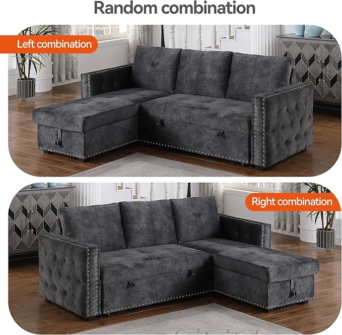 Morden Fort Pull Out Sofa Bed with Storage 91'' Oversized Sleeper Modular Sectional Comfy L-Shape Couch for Living Room Apartment Faux Leather Dark Grey