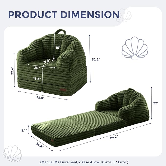 MAXYOYO Folding Sofa Bed 2 in 1 Convertible Sofa to Lounger Comfy Faux Fur Bean Bag Chair for Adults Floor Single Sleeper Couch Chair with Handle Couch Bed for Living Room Bedroom Dark Green