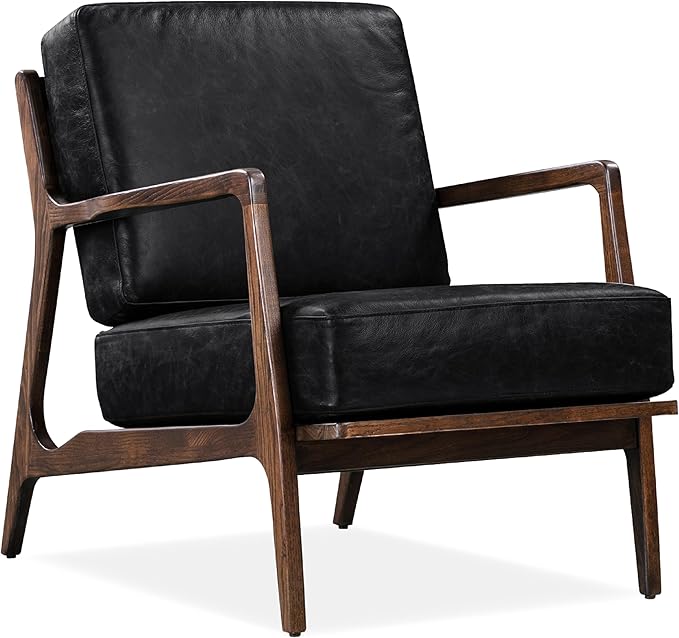 Poly &amp BARK Verity Leather Accent Chair – Armchair with Walnut Wood Frame – Fashion-Forward Lounge Seating for Living Room – Upholstered in Onyx Black Leather for Modern Style