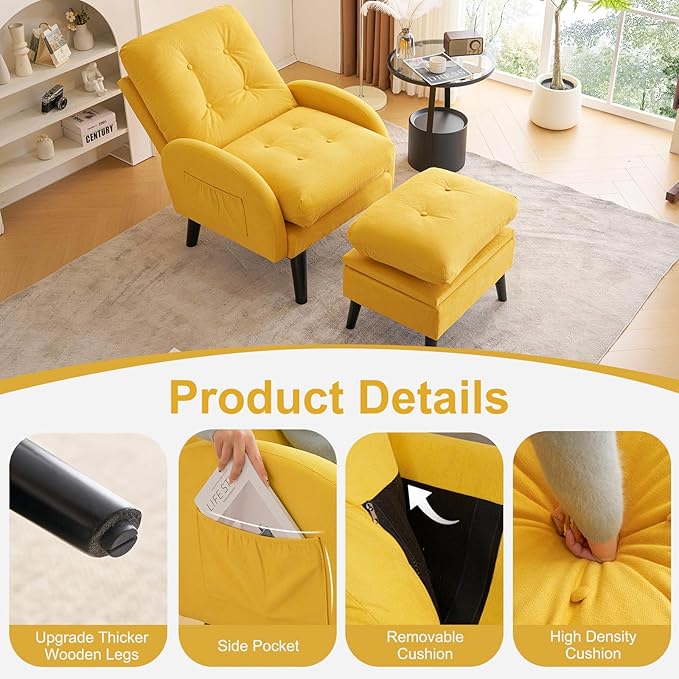 ELUCHANG Accent Chairs with Ottoman Upholstered Comfy Armchair with Adjustable Backrest&ampStorage Footrest Lazy Chair Reading Chair Leisure Sofa Recliner for Living Room Bedroom (Yellow - Linen)