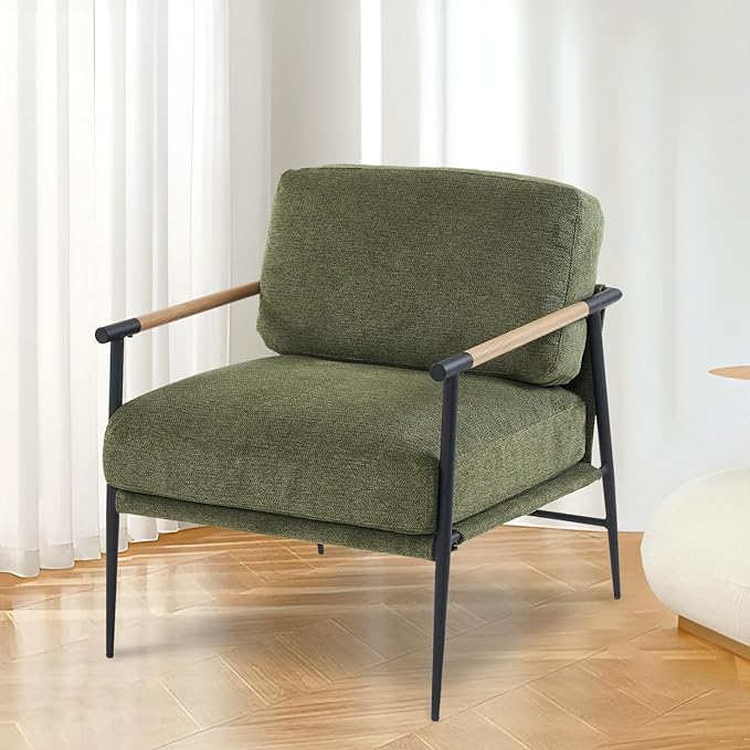Accent Chair Mid Century Modern Armchair for Living RoomBedroomOfficeLounge Comfy Chenille Upholstered Soft Removable Washable Cushions and PillowsMetal Wood-Grain Armrest LegsGreen