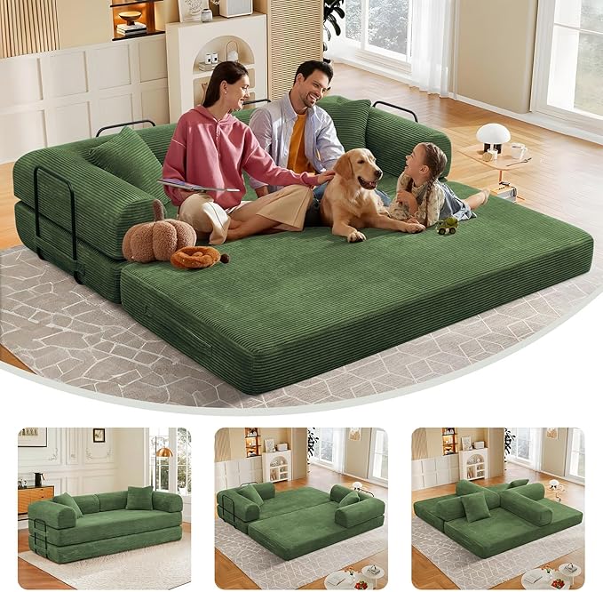 78 Convertible Sleeper Sofa Bed with Cylindrical Pillow Corduroy Folding Mattress Couch with Fixed Frame Floor Sofa Lounge Couch for Living Room Bedroom Apartment Army Green