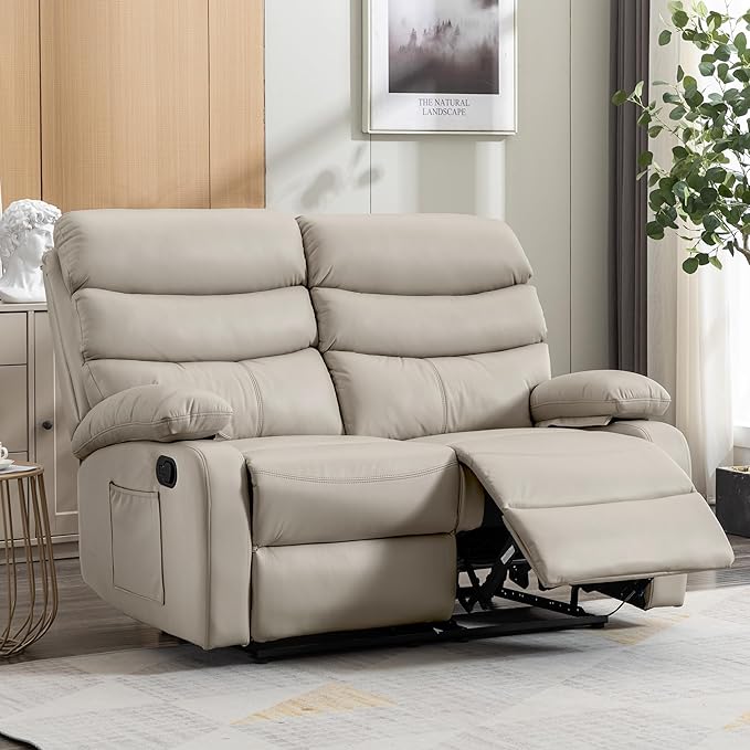 Reclining Loveseat Anti-Scratch Leather Double Recliner Sofa with Side Pocket Wall Hugger Loveseat Recliner for Living Room RV Home Theater(Beige)