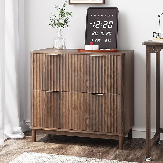 VINGLI 2 Drawer File Cabinet Home Office Filing Organizer for Letter Legal A4 Size File Folder Storage Modern Style Fluted Design Wood Lateral Filing Cabinet Printer Stand Dark Walnut