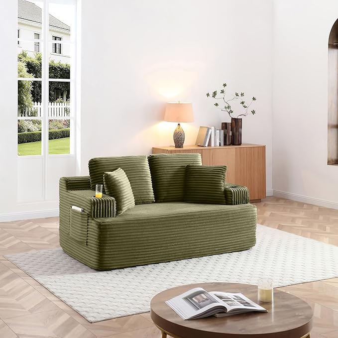 66.5 Cloud Loveseat Boneless Sofa Couch in a Box 2 Seater Foam Compression Couches Modern Living Room Floor Sofa Couch Corduroy Small Love Seat No Assembly Required Green