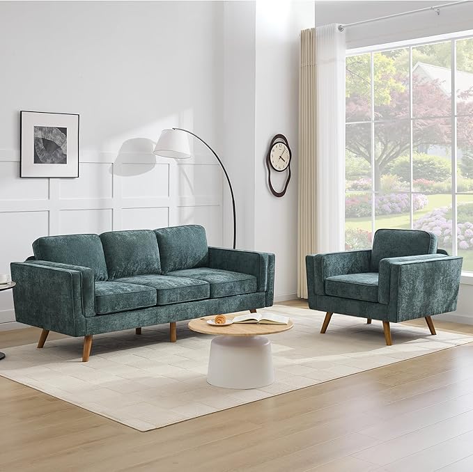 Kingfun Living Room Furniture Sets 3 Seater Couch and Armchair Mid Century Modern Sofa Set Chenille Couch with Solid Wood Frame for Living Room &amp Bedroom Green
