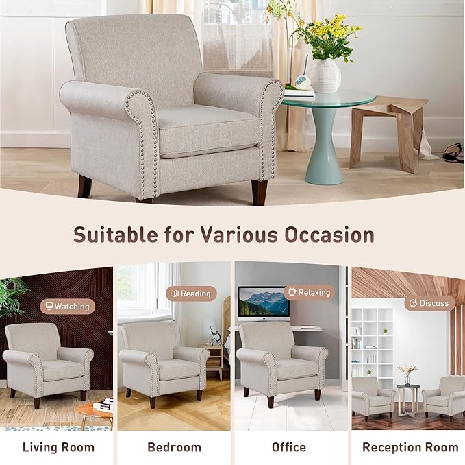 Prilinex Upholstered Living Room Chair Set of 3 - Large Comfy Fabric Accent Chair Single Sofa with Cushion Rolled Armrest &amp Nailhead Trim Mid Century Farmhouse Armchair for Bedroom Office Beig