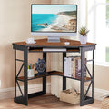 VECELO Corner Desk Computer Desk Writing Table with Smooth Keyboard Tray &amp Storage ShelvesCompact Home Office Triangle TableTeak