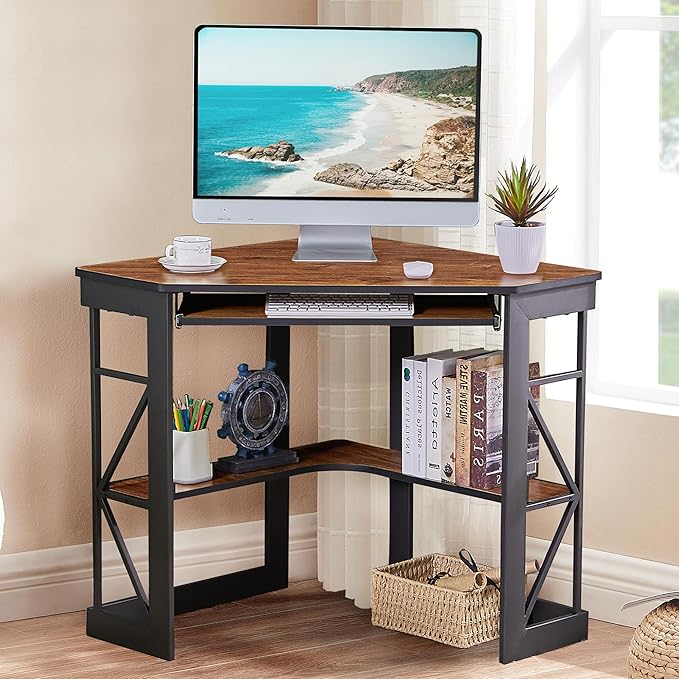 VECELO Corner Desk Computer Desk Writing Table with Smooth Keyboard Tray &amp Storage ShelvesCompact Home Office Triangle TableTeak