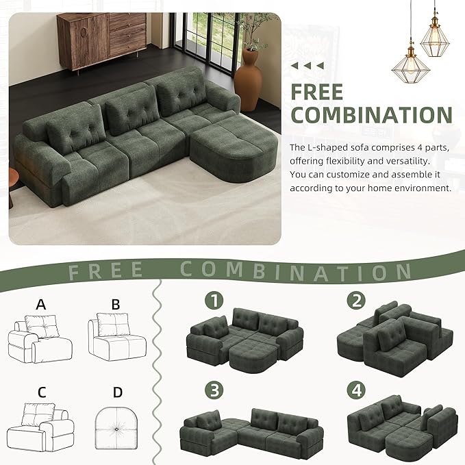 Boneless L-Shaped Modular Couch - 110 Inch Cloud Chenille Compression Sectional SofaNo Assembly Required Ideal for Apartments &amp Living RoomsBlackish Green
