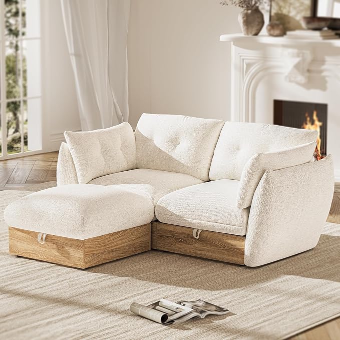 70 L Shaped Sofa Modular Sectional Cloud Couch with Storage Cotton and Linen Fabrics Modern Oversized Deep Seat Sofa with Armrest Pillow Easy Assembly for Living Room Apartment Ivory
