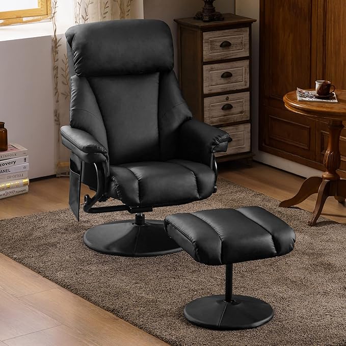 MCombo Swivel Recliner with Ottoman TV Chair with Vibration Massage Ideal for RV Small Space Living Room &amp Bedroom 4539 4828 (Faux Leather Black)